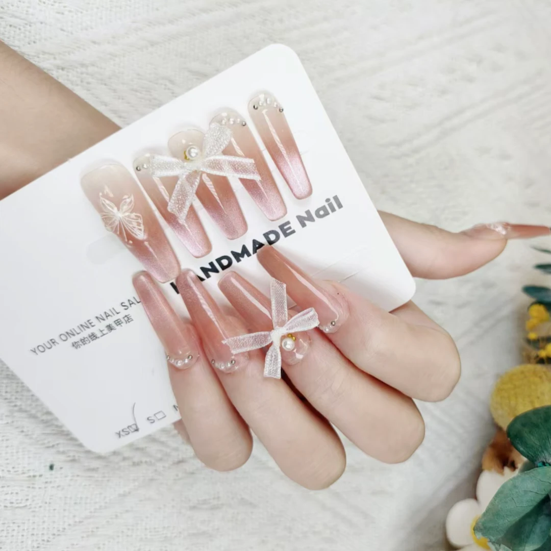 【米诺●萦绕起舞】纯欲风腮红白蝶法式显白猫眼中长款手工穿戴甲