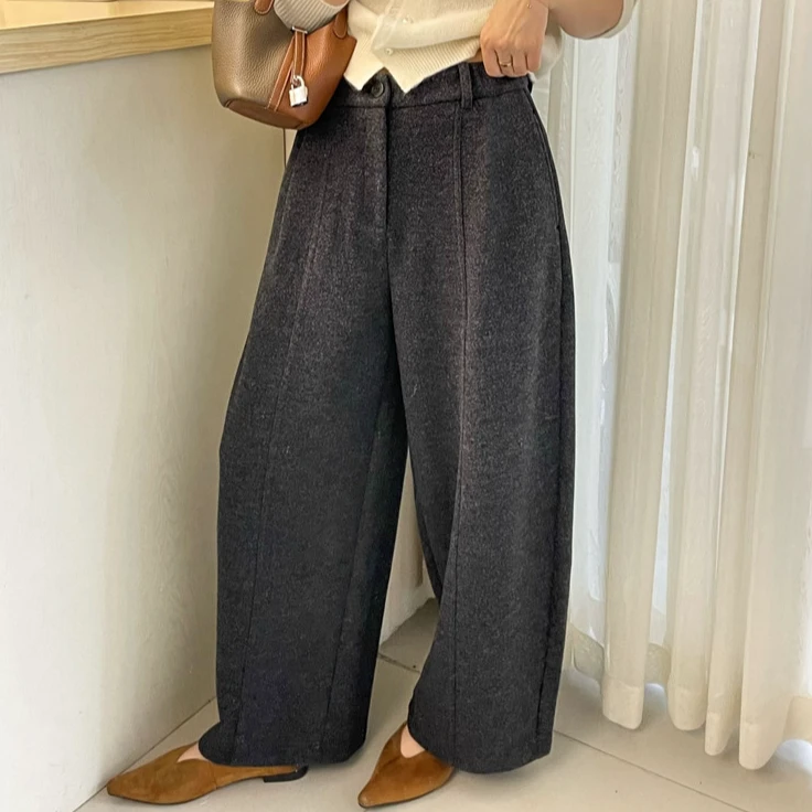 加厚双面毛呢韩系2025秋冬新款阔腿裤子女宽松显瘦慵懒气球休闲裤