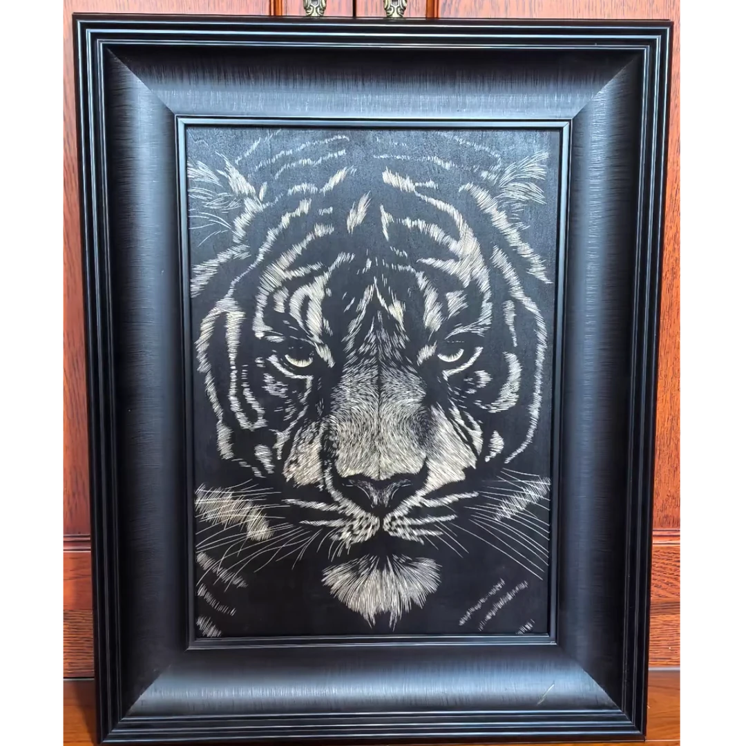《心有猛虎》黑白老虎手工木刻版画成品装饰艺术摆件