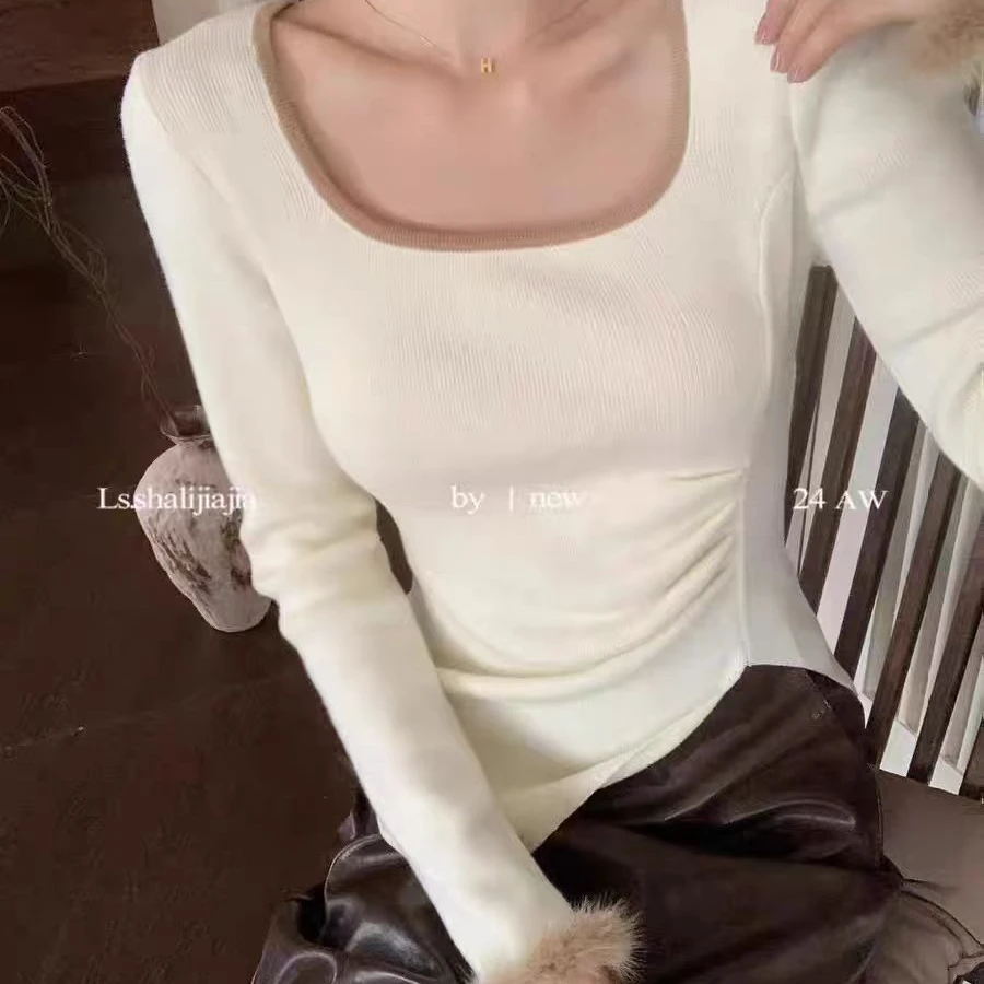 91秋冬季别致设计感拼色毛毛针织打底衫女不规则修身显瘦方领上衣