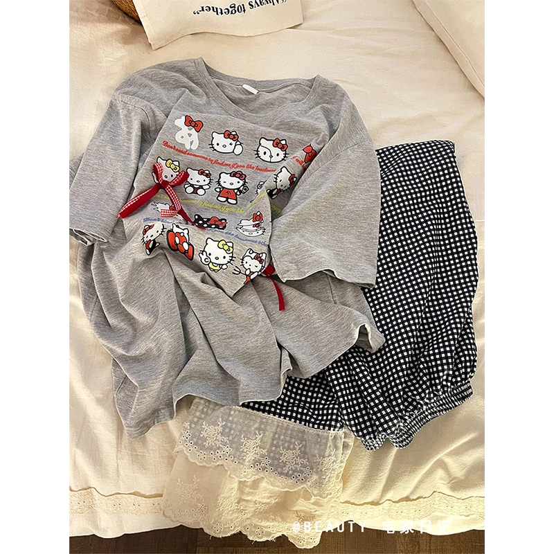慵懒风Hello Kitty印花蝴蝶结系带短袖睡衣女夏季甜美家居服套装