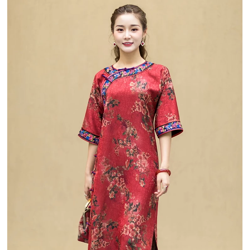 华族经典改良旗袍长款中式复古圆领时尚气质绣花高档大衫款夏季女