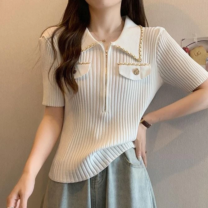 职业阿玛诗官哥家专柜2025春夏季新款小香风翻领拉链冰丝短袖针织