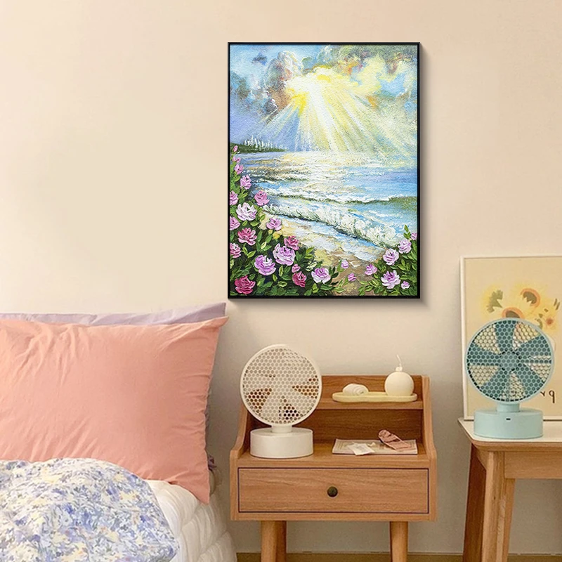 益师傅约手工油画风景玄关装饰画客厅肌理画海上日出走廊挂海418