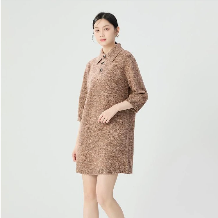 哥弟裙子秋冬时尚翻领宽松中袖棕色廓形羊毛针织连衣裙1599030