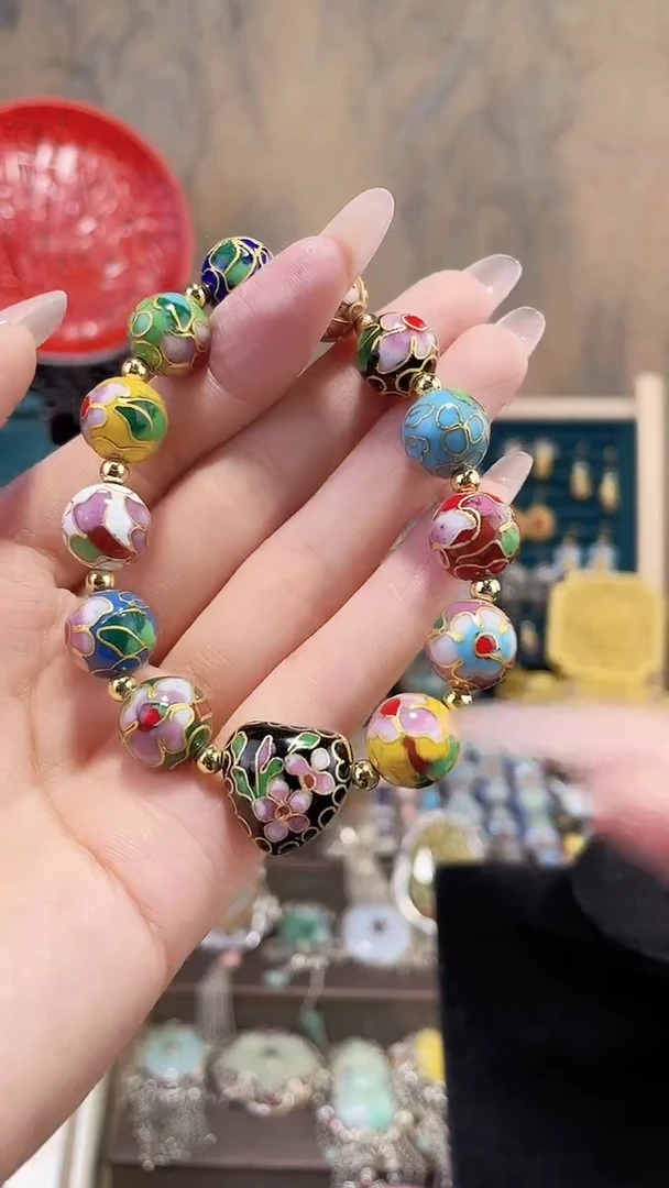 景泰蓝手串多宝1.2加金地加黑色心