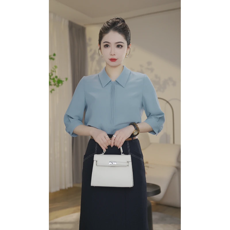 【曼曼甄选】欧若风8592337A天空蓝时尚纯色显瘦上衣宽松气质衬衣