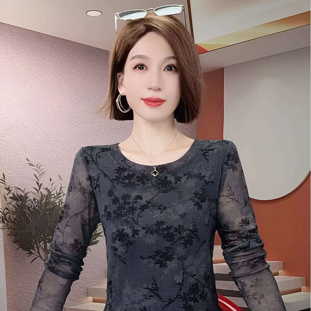 时髦网纱短袖上衣V领花色网纱打底衫外穿洋气网纱上衣小衫夏季潮t