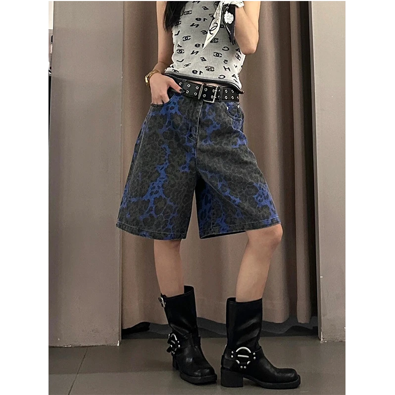 豹纹印染撞色设计感五分阔腿牛仔裤女2025夏季新款时尚辣妹5618#