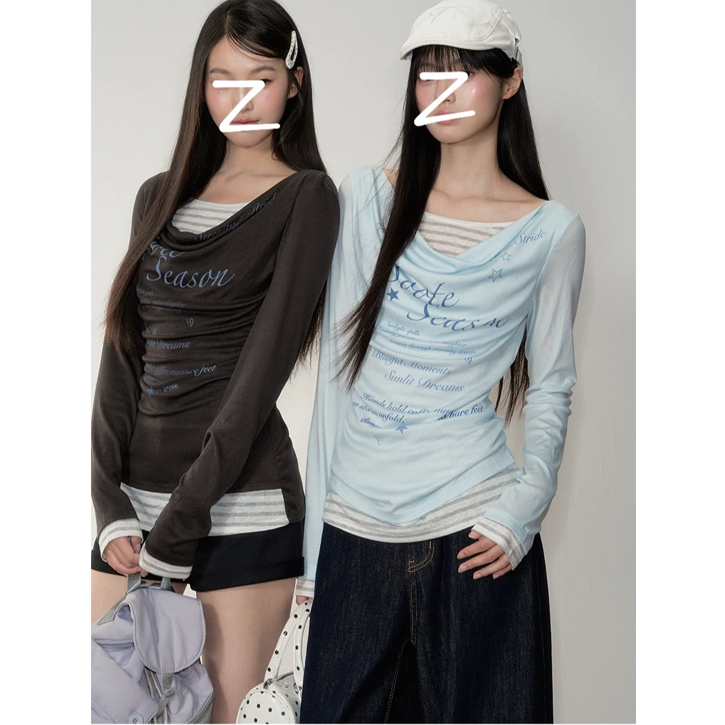 原创韩系假两件天丝荡领印花收腰显瘦长袖T恤罩衫女