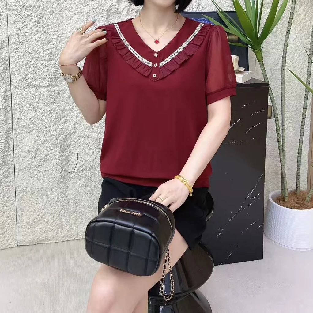 小施家气质别致拼接冰爽显瘦遮肉女人味V领T恤68991