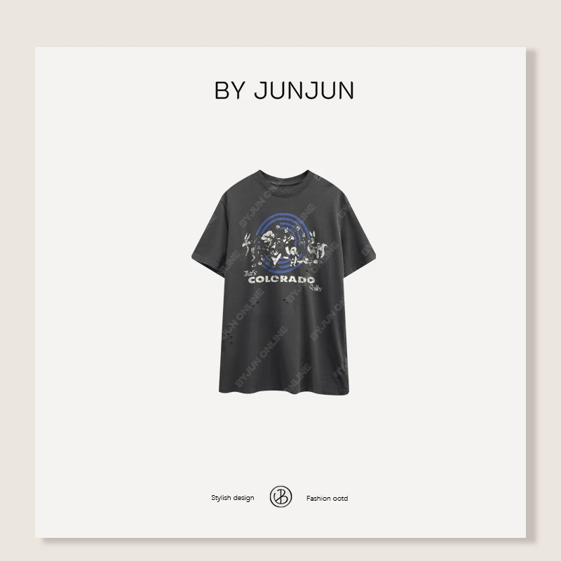 ByJunjun【动物派对】炒盐洗旧破洞圆领短袖T恤C25T11495
