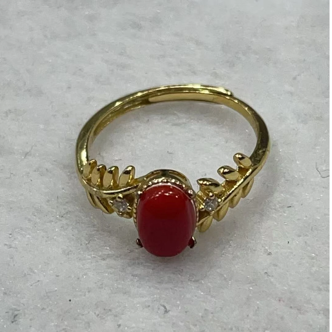 纯天然红珊瑚蛋面戒指
