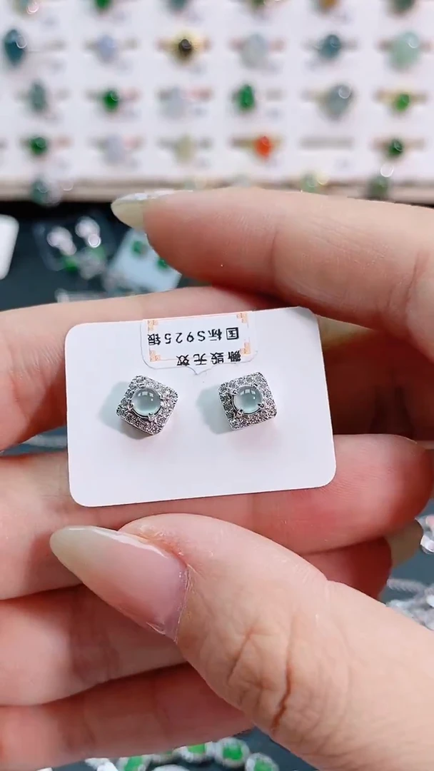 银S925镶嵌翡翠耳饰天然翡翠
