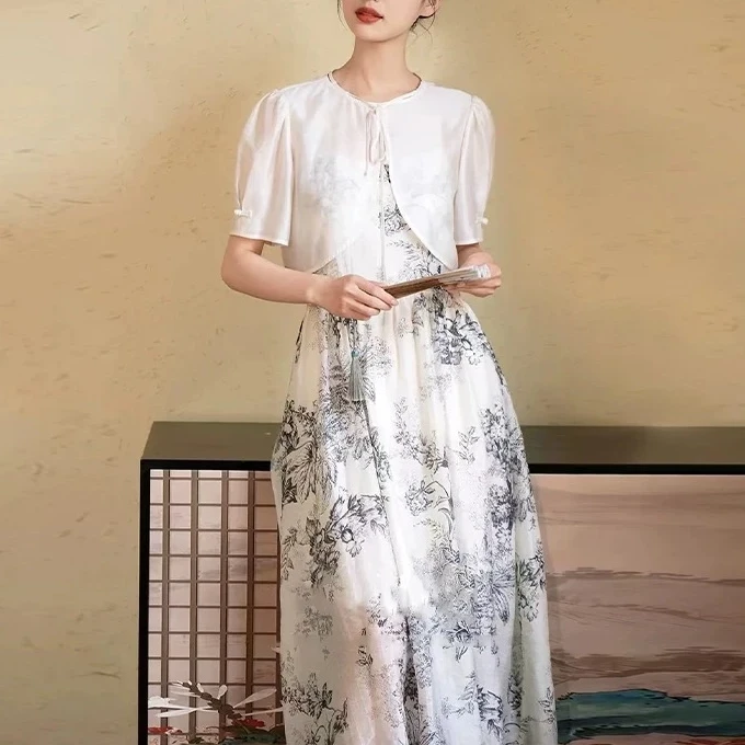 F1302-【影】绑带短袖衬衫碎花吊带裙连衣裙#BXY56T015