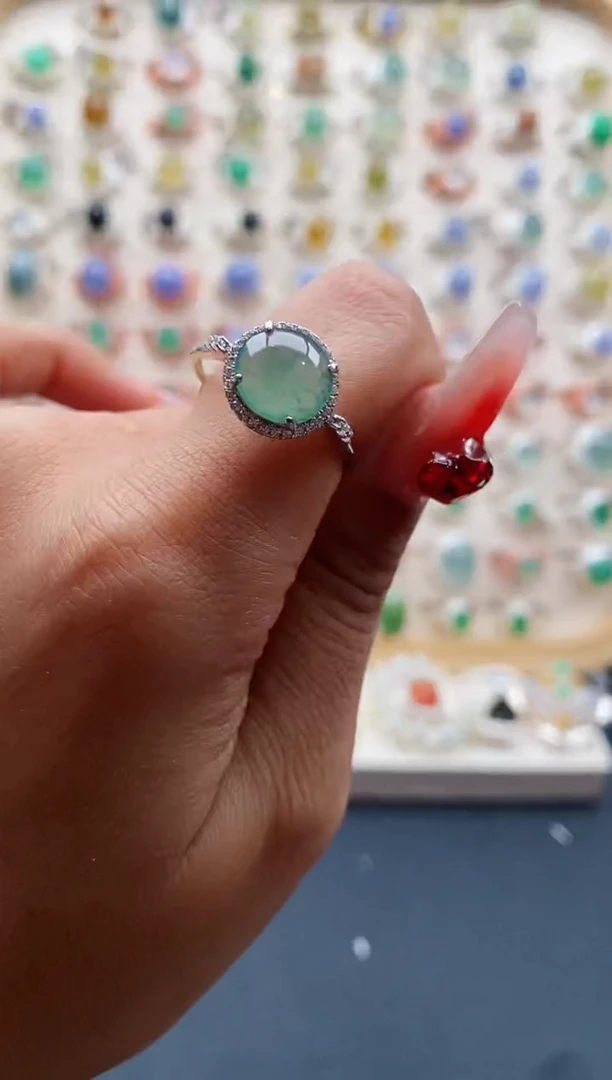 【闪购商品】翡翠戒指银S925镶嵌缅甸天然A货翡翠222 10+8