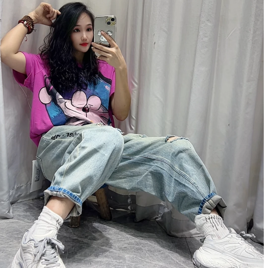 时尚潮流休闲百搭重工洗水夏季宽松破洞软牛仔半松紧腰老爹裤1155