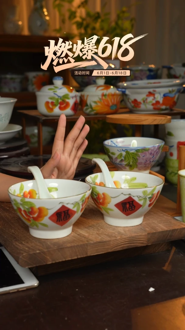 瓷2碗+2勺景德镇高温瓷釉下瓷