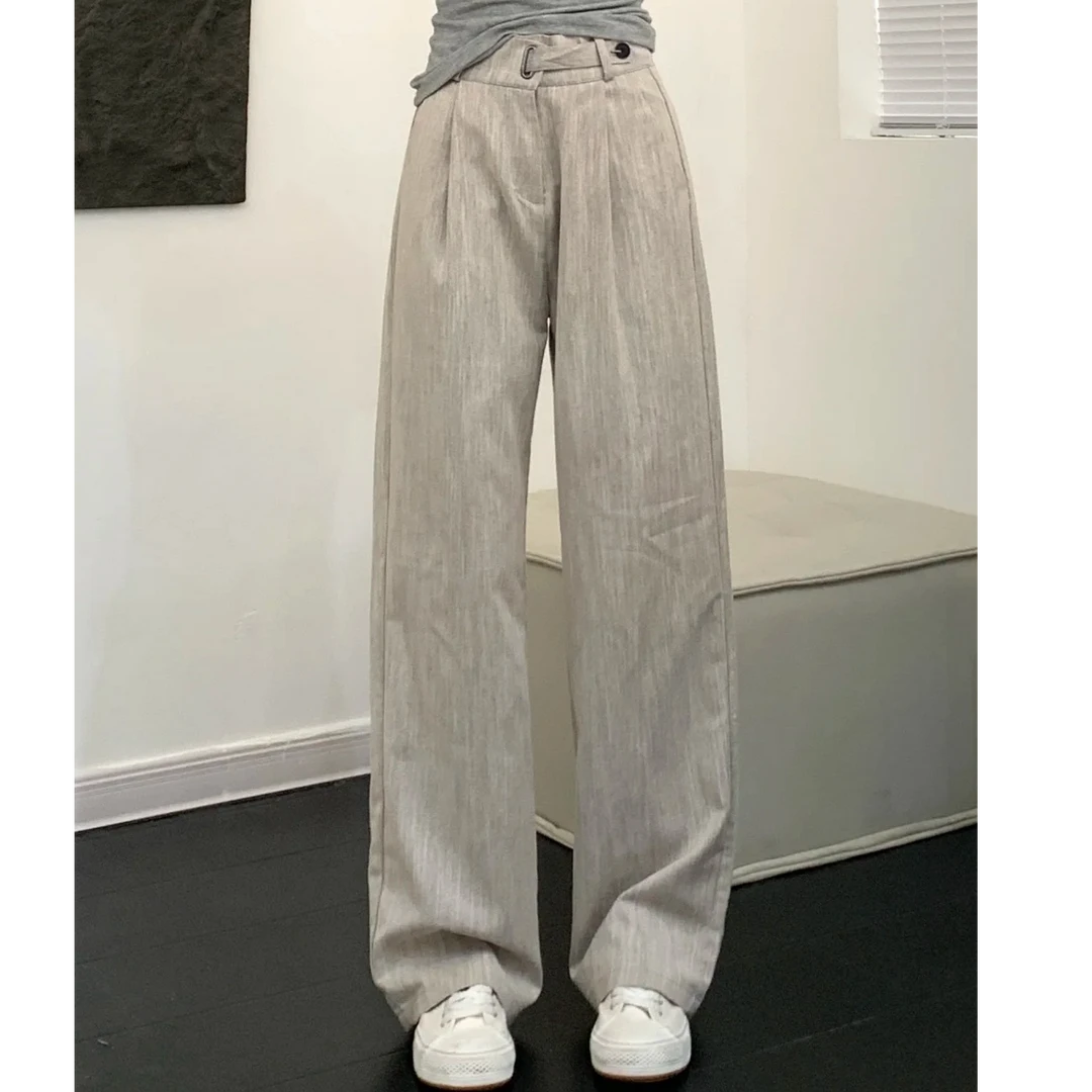 杏色通勤风百搭休闲裤女早秋新款大码胖mm高腰松弛垂感拖地阔腿裤