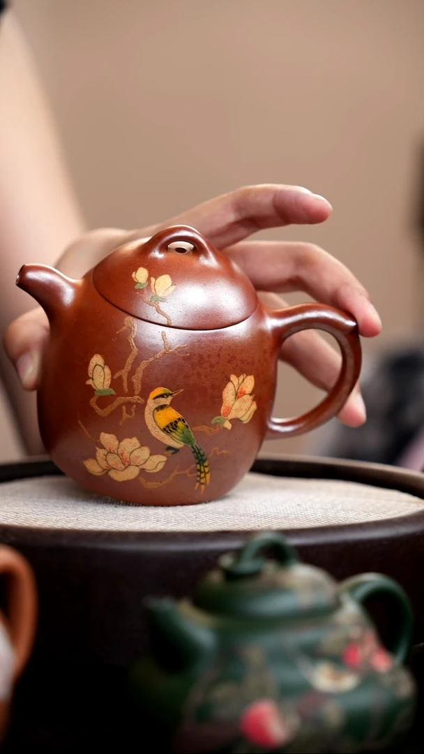 茶壶紫砂柴烧胭脂红大秦权泥绘