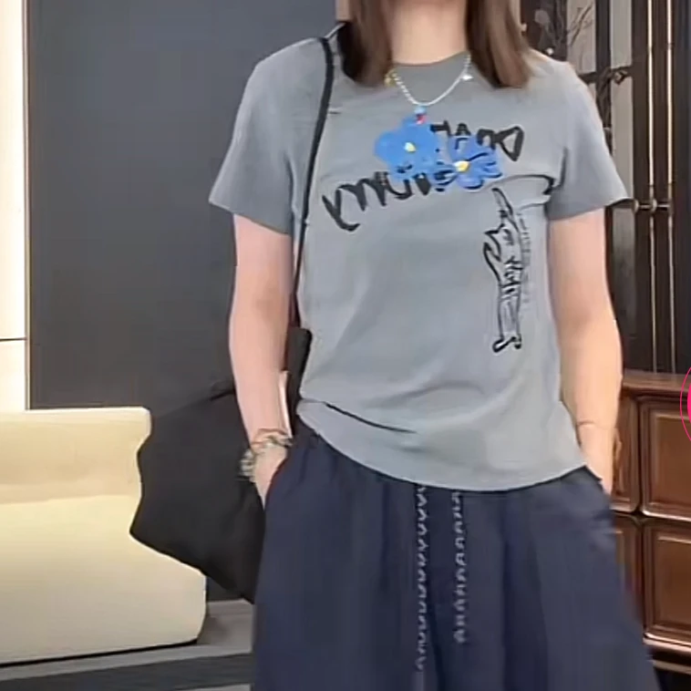 韩系风时尚休闲百搭圆领显瘦短袖T恤女2025夏季少女印花减龄上衣