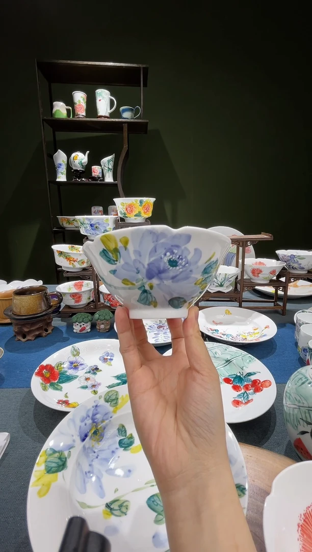 碗景德镇高温釉下彩5英寸荷口斗笠碗单色牡丹