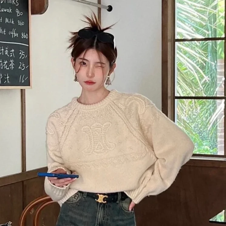 未使用 Celine/思琳 汤/P235400661/米白色凯旋门大logo 毛衣 L