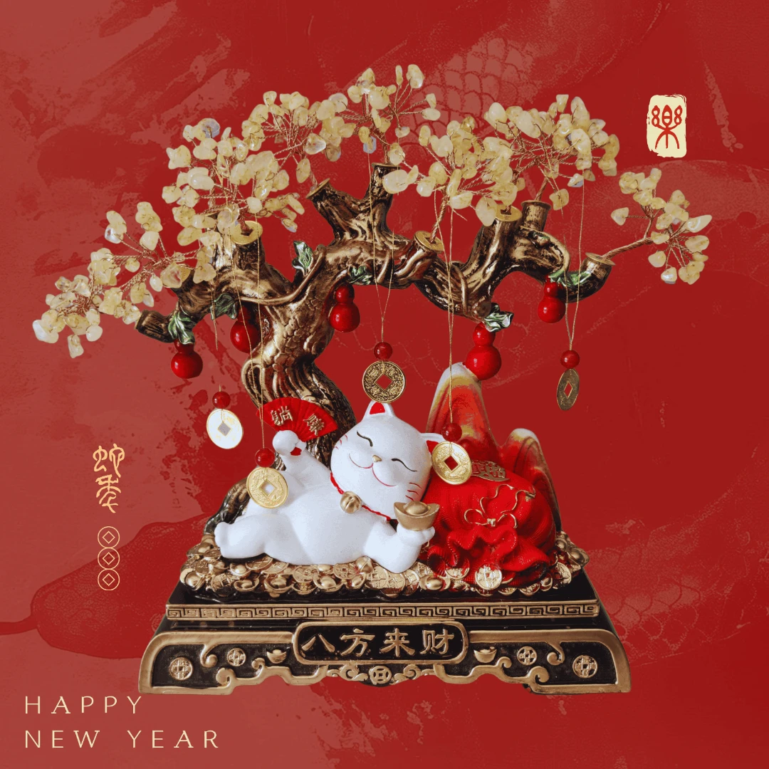 八方来财水晶摇钱树发财树招财猫摆件客厅店铺装饰新房乔迁开业礼