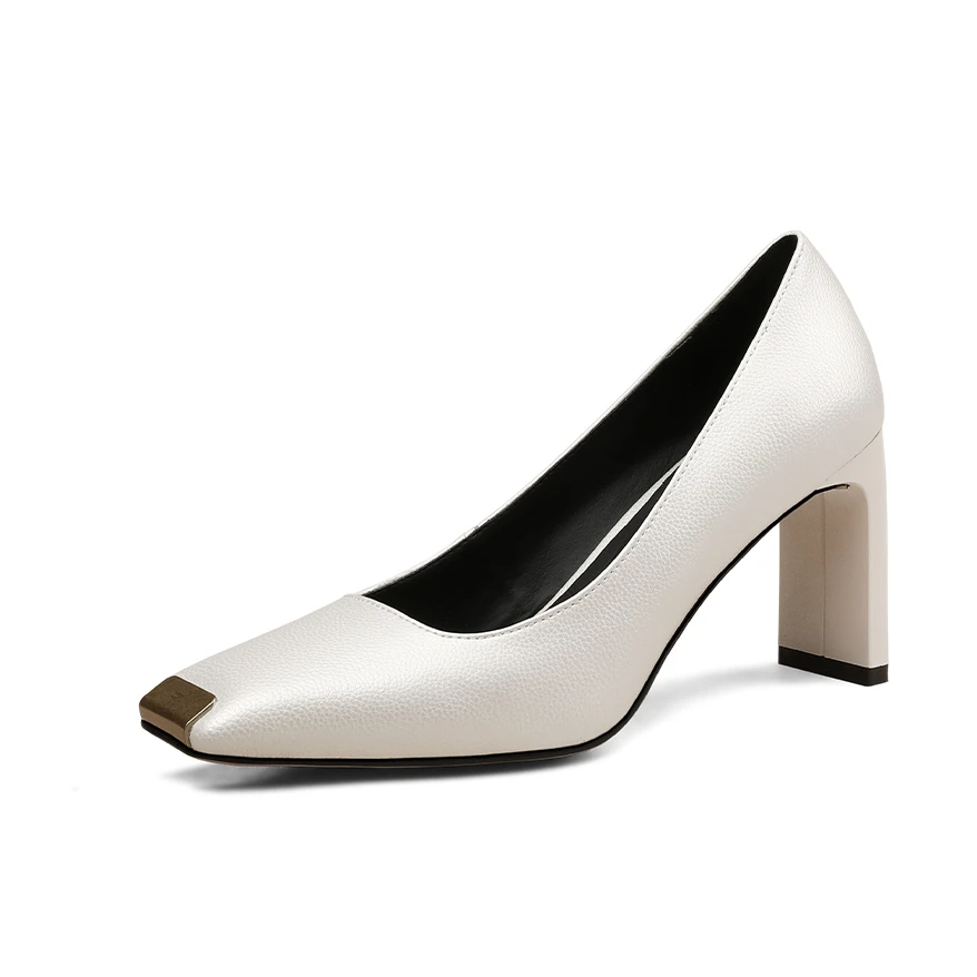 KEY【7cm】2024春季新款方头时尚舒适气质百搭真皮单鞋D244白