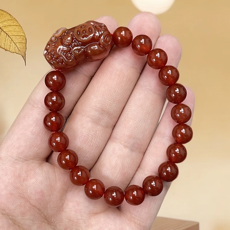 尺寸约8mm19颗天然正品玛瑙玉石河湾一级冰凤血貔貅手串