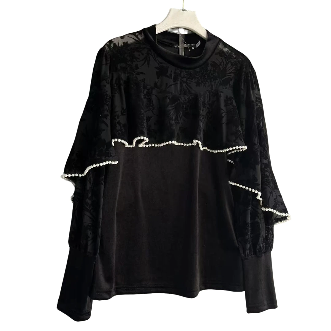 长袖拼接荷叶边钉珠防脏立领温柔风宽松T恤时尚打底衫印花圆领