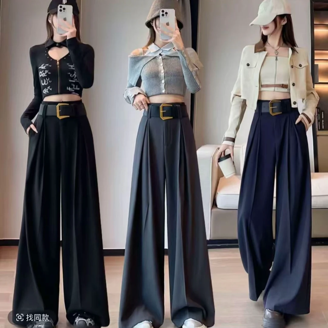 【送腰带】老钱风呢料秋冬高腰显瘦气质长裤休闲复古直筒拖地裤