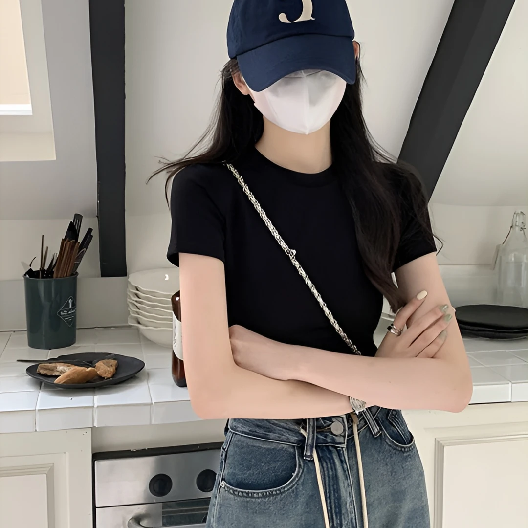 辣妹正肩短袖T恤女夏季高腰修身显瘦短款半袖上衣黑色打底衫女