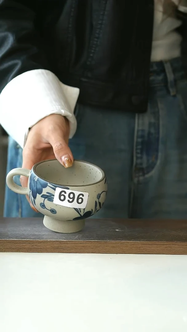 陶696瑕粗陶手绘七里香高足蛋杯220ml@4-2@