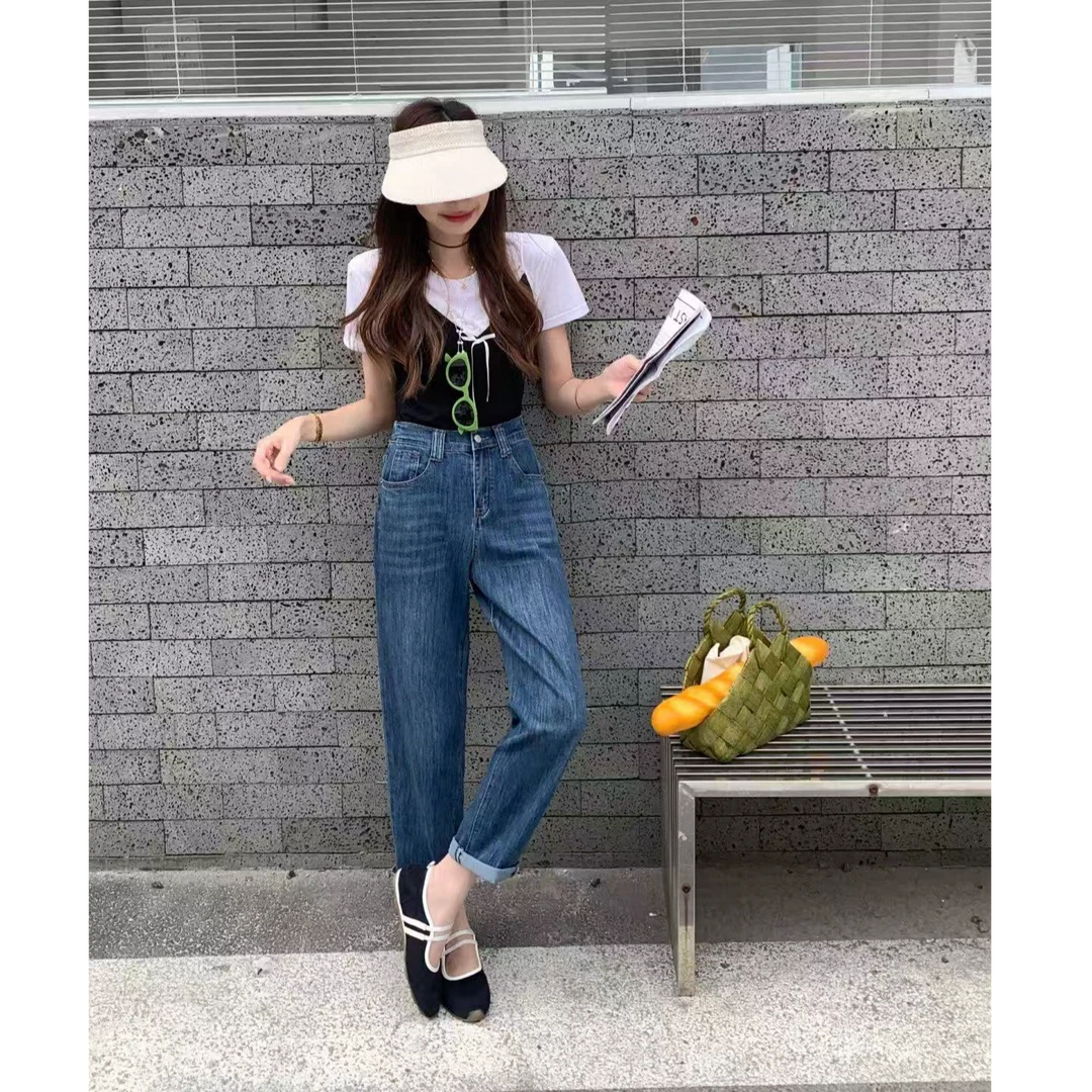 夏季薄款大码高弹力水洗哈伦牛仔裤高腰显瘦直筒九分裤