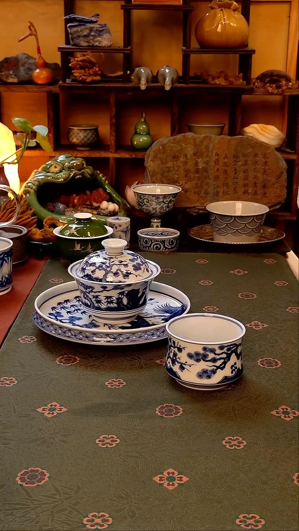 【手工手绘松竹梅盖碗+壶承+主人杯】