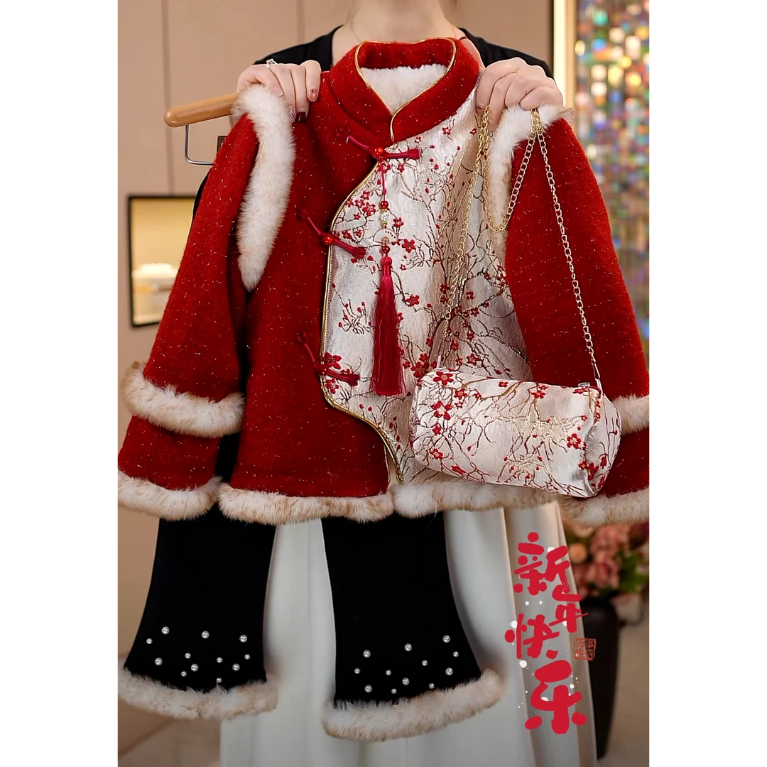 【喜上梅梢】女童外套冬装新款新中式唐装加绒加厚上衣套装新年服