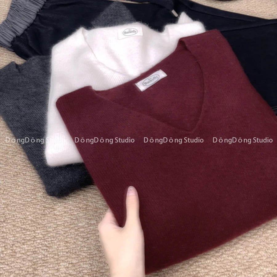 超高性价比～【无缝蜜熊】V领套头纯色宽松长袖针织衫保暖厚毛衣6995