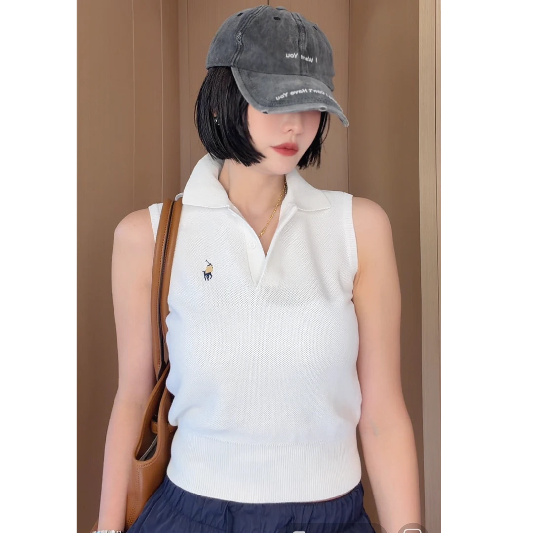 新款学院风 针织上衣女夏季简约时尚百搭POLO翻领高尔夫背心上衣