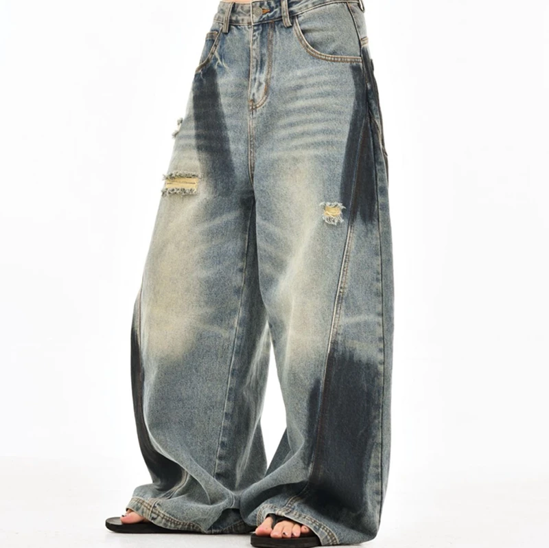 潮风涂鸦大弯刀牛仔裤夏季嘻哈小众美式个性设计感宽松欧美复古