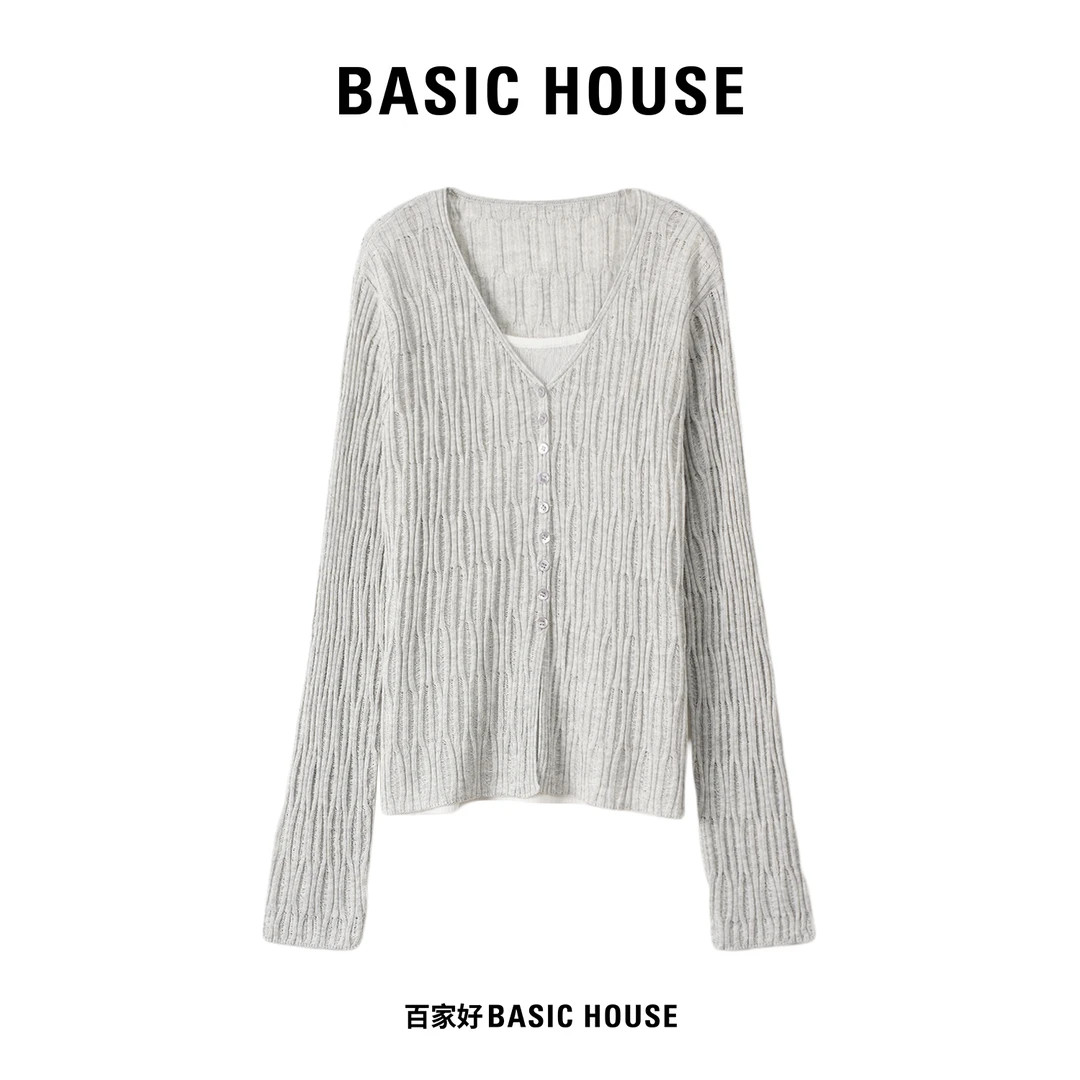 Basic House/百家好2025秋女长袖毛针织衫假两件针织衫H762 MM