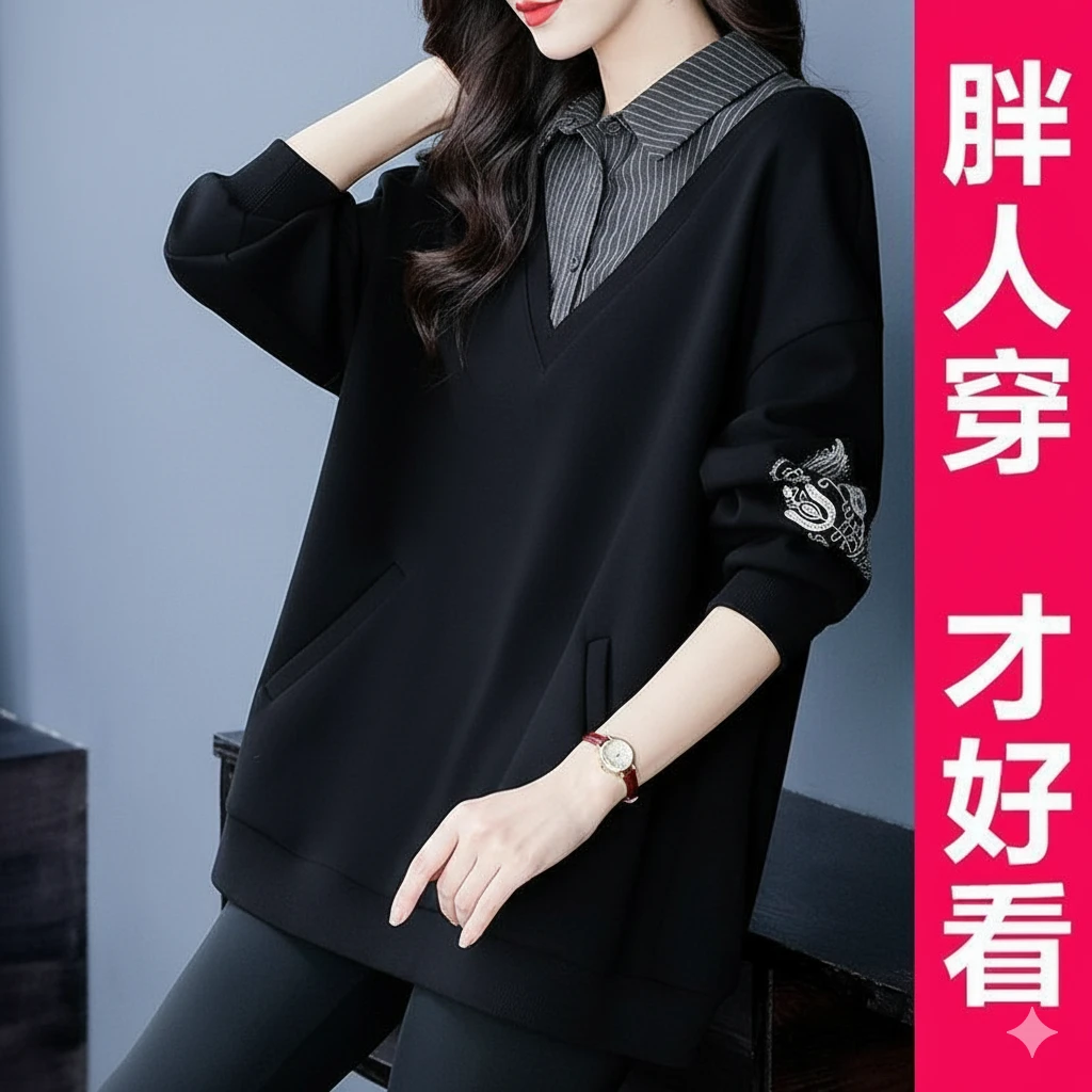 女装拼接卫衣女2025春季新款200斤高档大码绣花条纹遮肚遮肉长袖