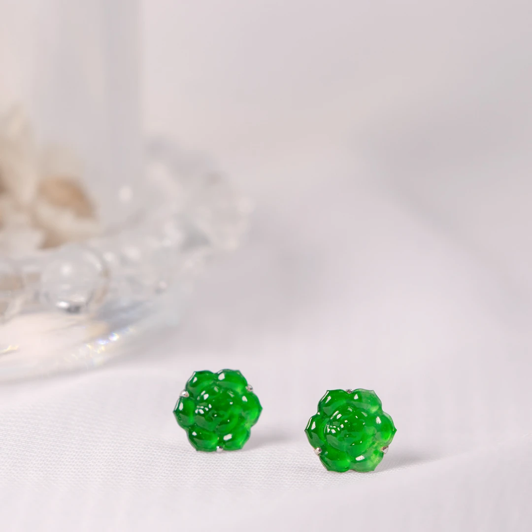 18k金真金真钻耳饰天然A货翡翠花型耳钉阳绿高冰