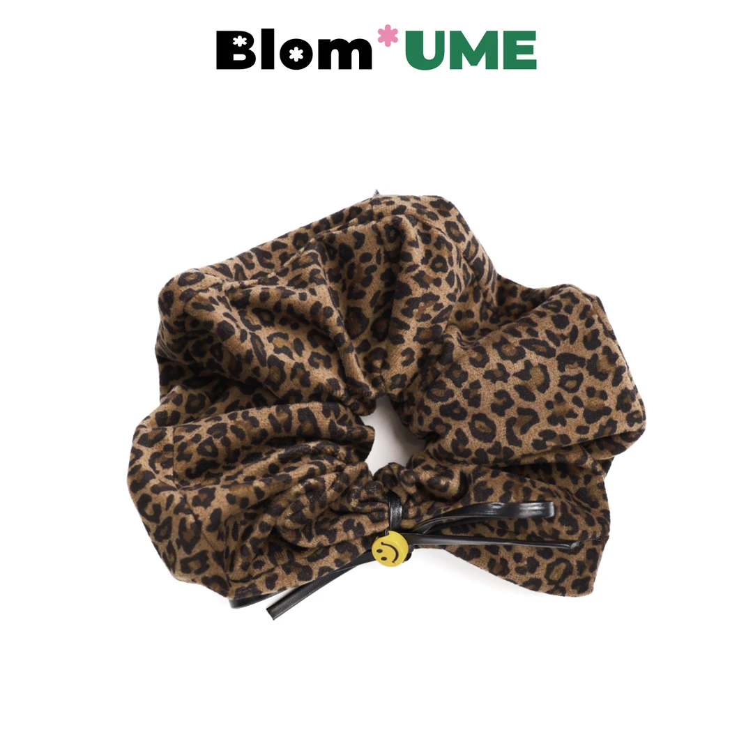 Blom UME东大门同款绒面豹纹皮质蝴蝶结笑脸发圈复古个性大肠发圈
