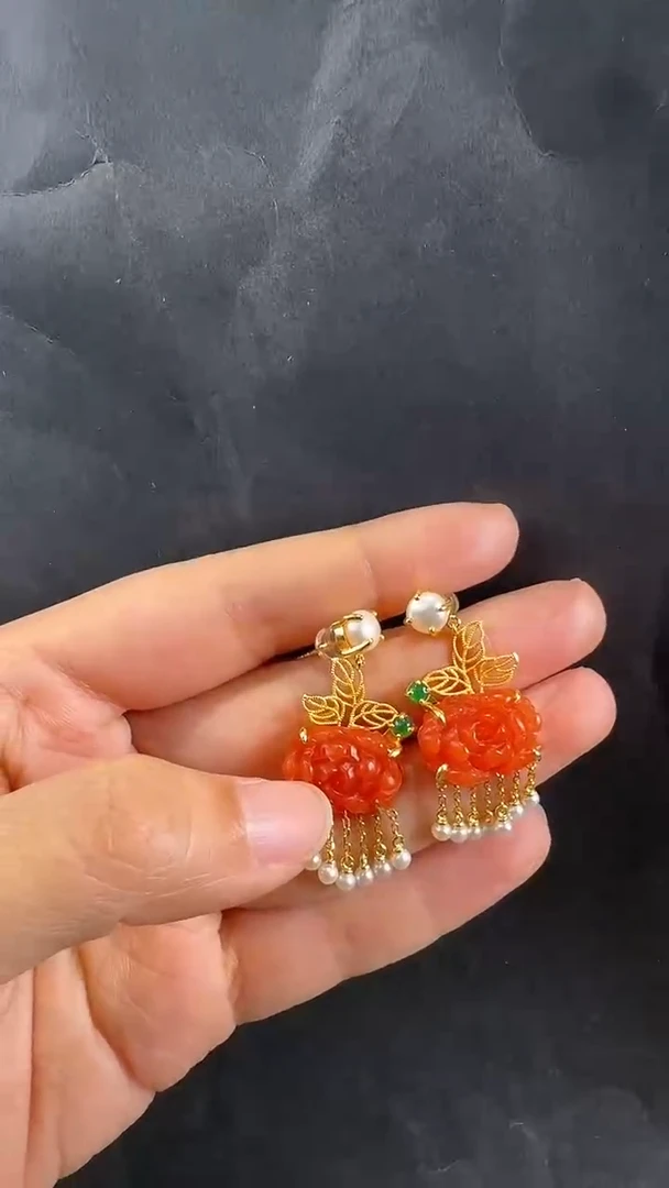 银S925镶嵌南红玛瑙耳饰耳坠