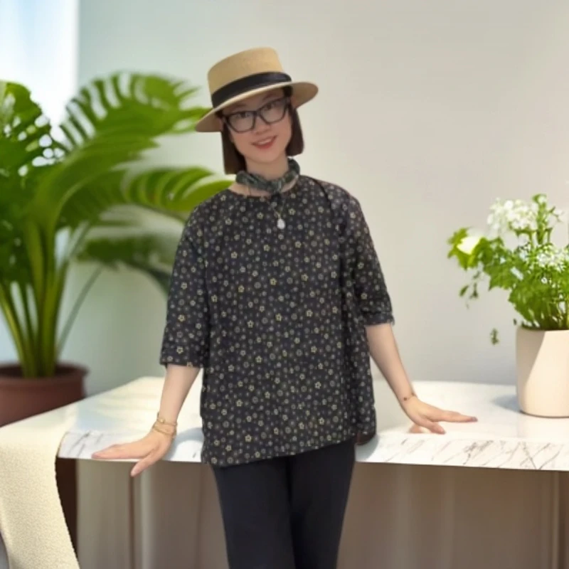 新思维圆领黑黄花麻绿格中袖衬衫女夏季新款百搭收腰宽松显瘦洋气