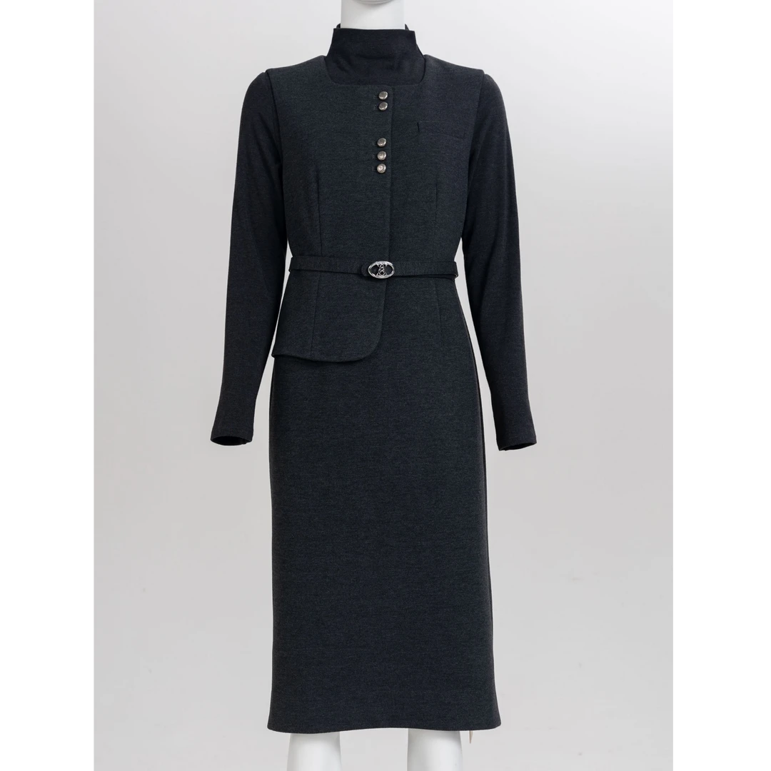 senkni/圣可尼显瘦气质百搭长袖时尚黑色真两件连衣裙S161310OG