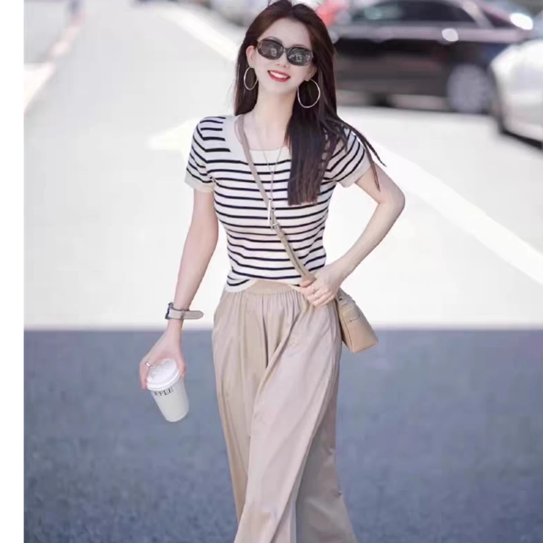 2025年夏季气质百搭条纹时尚短袖针织衫T恤高腰休闲半裙小个子