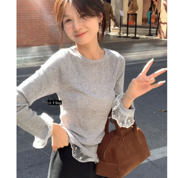 【芳龄F.LING】睫毛蕾丝拼接打底针织衫百搭显瘦FL0535