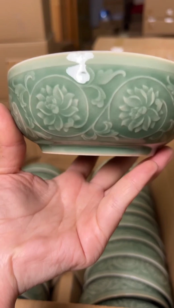 陶瓷耀州窑青釉5寸缠枝莲纹米饭碗一只